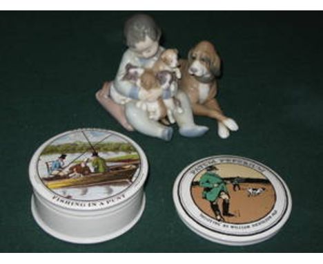 LLADRO FIGURE GROUP OF A YOUNG BOY WITH DOG AND PUPPIES AND TWO CERAMIC POT LIDS 