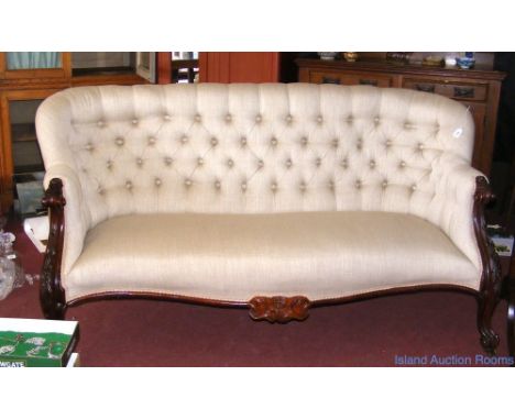 Good quality antique French button back sofa, having carved cabriole supports - 175cm