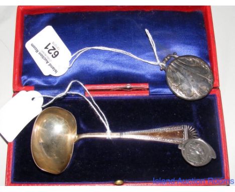 Cased silver ladle, Art Nouveau silver button, etc.