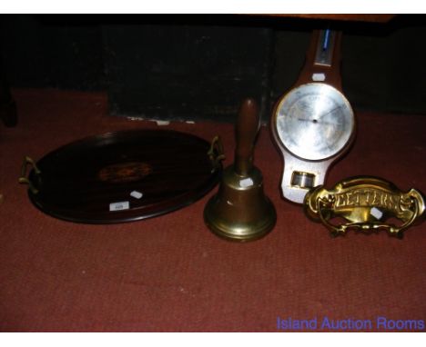 Small inlaid tray, hand bell, barometer, etc.