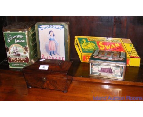 Rosewood two compartment tea caddy, three collector's tins and a Swan Vestas enamel advertising sign