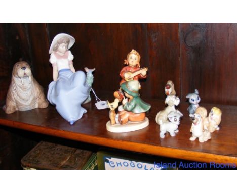 Sundry ceramic ware, including Aynsley Walrus, Nao figurine, six Wade Whimsies, etc.