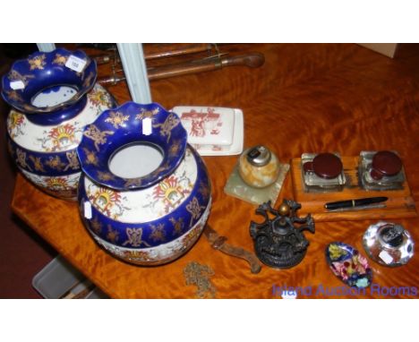 Pair of Chinese vases, desk pen and inkstand, table lighter, etc.