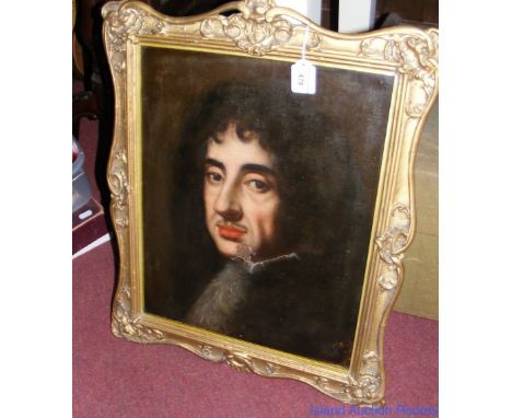 School of Sir Peter Lely - oil on canvas - portrait of a gentleman, in gesso frame - inscribed Ex. Col. Rt. Hon. Earl of Clar