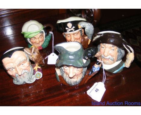 Five small Royal Doulton character jugs, including "Merlin", "Rip Van Winkle", etc.