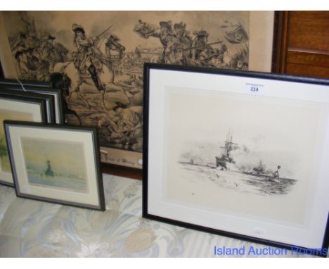 Five WILLIAM WYLLIE coloured prints - shipping scenes, monochrome print "William Prince of Orange Crossing The Boyne" etc.