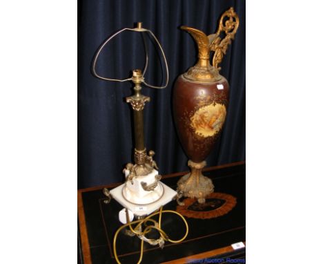 An alabaster and brass Corinthian column table lamp, a ceramic ewer with cast metal top and base