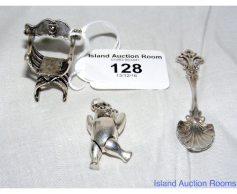 A 925 mark miniature jointed Teddy Bear with import marks, miniature Maltese chair and a French salt spoon