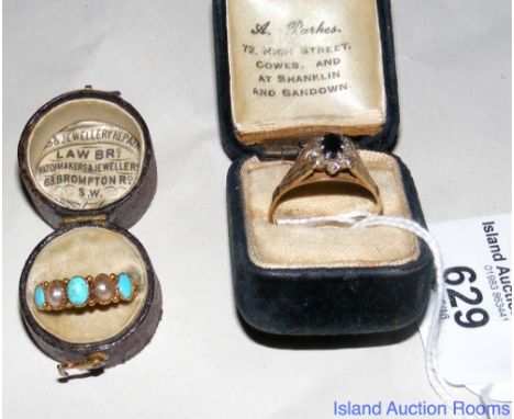 A turquoise and seed pearl ring and a 9ct gold sapphire and diamond ditto