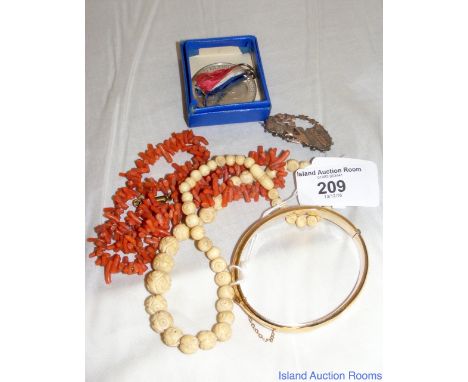 Engraved 9ct gold bangle, coral necklace, etc.