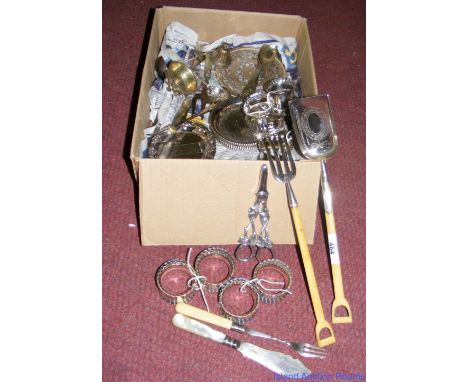 Pair of ivory handled garden spade and fork salad servers, silver plated egg topper, etc.