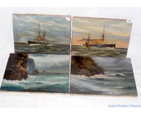 R WARR - pair of oils - "HMS Revenge" and "HMS Powerful", together with a pair of oils - coastal scenes