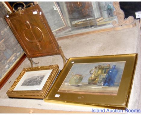 Art Nouveau style copper fire screen, together with old engravings and a watercolour still life