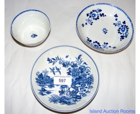Early Worcester blue and white cup and bowl and shallow dish with crescent mark