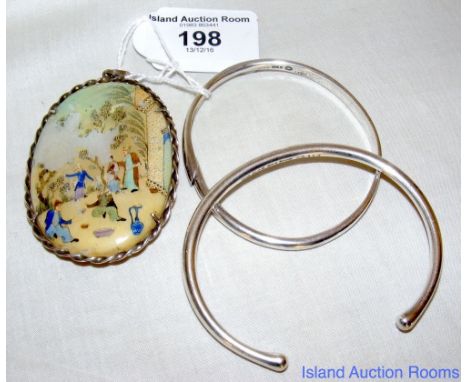 Two 925 marked Danish silver bangles and hand painted Mother of Pearl silver mounted pendant drop