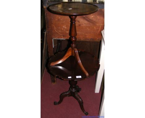 Antique mahogany wine table with carved tripod support, together with one other