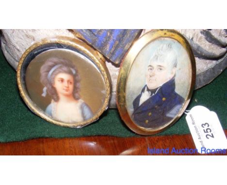 Oval miniature portrait - gentleman in Naval uniform and another of a lady in blue dress