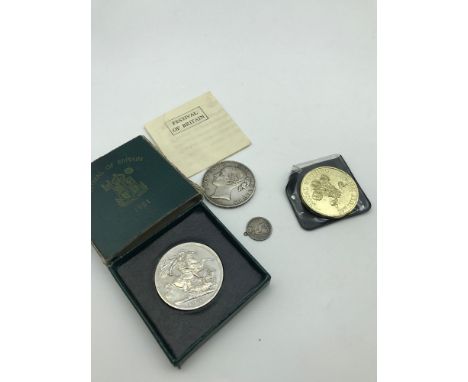 A Lot of 4 various coins which includes 1845 Young Queen Victoria head silver crown, 1838 silver four pence, 1951 crown and R