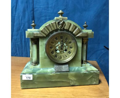 A Early 1900's Green Onyx/ Marble architectural striking Mantel clock. By J Greig Stonehaven, Aberdeenshire. Designed Roman n