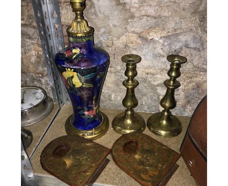 Antique wood and brass bookends, Brass candle sticks and porcelain hand painted table lamp. 