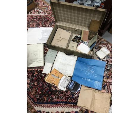 A Vintage travel case belonging to Lieut. (S.P) A.N.Young R.N.V.R. Case contains letters, negative photos, Naval blueprints a