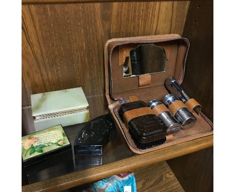 A Vintage Gents travel kit together with three various trinket boxes, Mauchline ware, Oriental lacquered and Onyx and gilt me