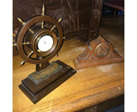 An Art Deco Nautical bronze/ brass mantel clock (Modern time piece insert) together with a small wooden clock. 