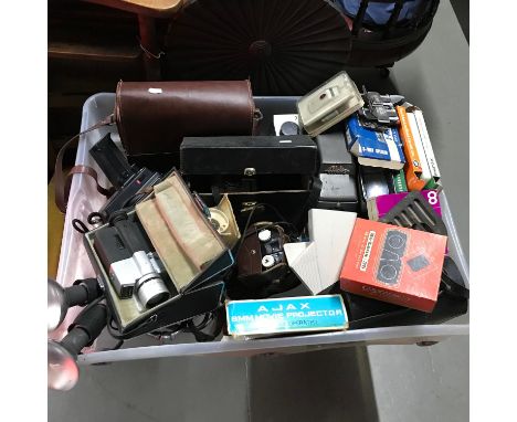 A Box of vintage cine cameras and projector items, Which includes Panarama view finder, Chinon, Bell &amp; Howell cine camera