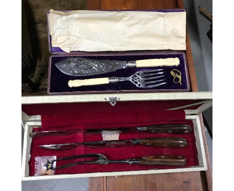 A Victorian ivory handle and plated serving set together with a vintage carver boxed set. 