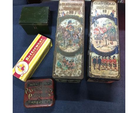 A Lot of vintage Military advertising tins, Which includes Glen Moray 12 year old whisky tins, Military 1965 green painted bo