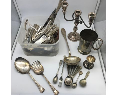 A Collection of community plate cutlery, E.P Candelabra, stein, various loose cutlery and Christofle style art nouveau ladle.