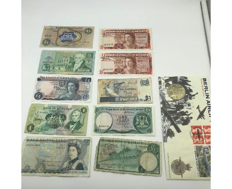 A Lot of 10 vintage bank notes which includes Bank of England £5 note, Two bank of Scotland £1 bank notes dated 1985 &amp; 19