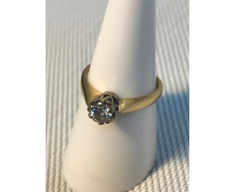 A Ladies 18ct gold single round diamond ring, Very bright diamond. .33ct. Ring size L. Weighs 3.43grams 