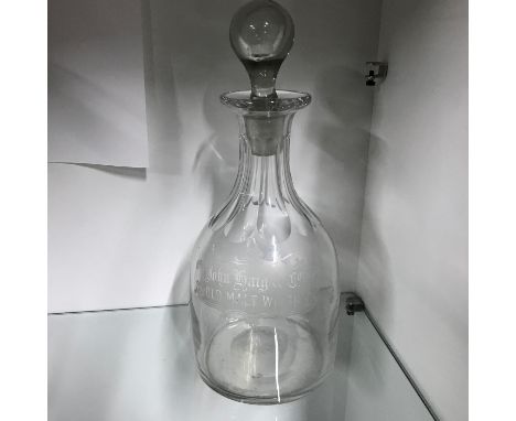 A Victorian glass decanter engraved with "JOHN HAIG &amp; CO OLD MALT WHISKY" to the front. Comes with original stopper. Toge