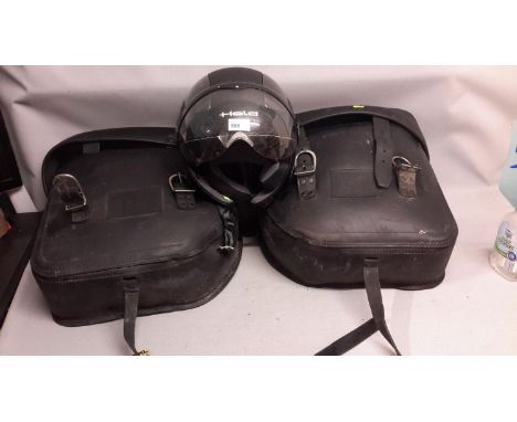 Two Large Leather Boom Trikes Motor Bike Bags along with a Held Helmet ECE R 22.05 M57 58 Helmet 