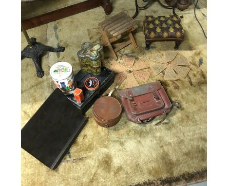 A Lot of antiques and vintage items which includes wooden music stand, small foot stools, Advertising tins , satchel bag, col