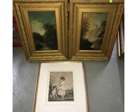 A Pair of Victorian oil on canvas paintings fitted with gilt frames together with an old framed print after Sir Joshua Reynol