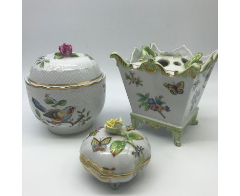 A Lot which includes two pieces of Herend porcelain wares- Ornate pot pouri lidded dish and small trinket lidded box. Togethe