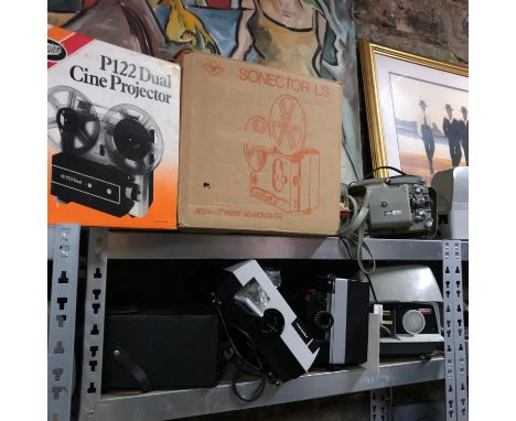 A Large collection of vintage projectors and slide projectors. Includes Agfa Sonector LS Projector, Gnome slide projector and