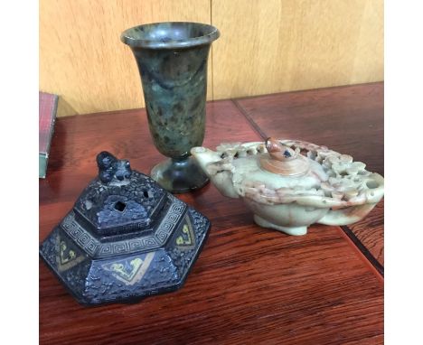 Antique Chinese soapstone carved saki tea pot designed with flowers and bird topped lid, Chinese hardstone vase and Chinese c