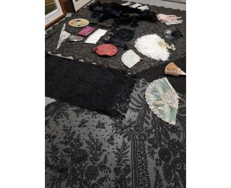 A Collection of Antique and vintage fashion accessories, includes; Ostrich feathers, fans, black lace throws, leather ladies 