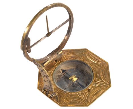AN AUGSBURG&nbsp;DIAL, ANDREAS VOGLER, LATE 18TH C brass, the hour ring with needle gnomon and divided III-XII-IX, shaped lat