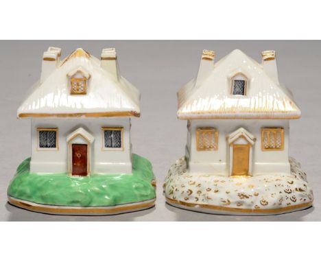 TWO CHAMBERLAIN WORCESTER COTTAGE PASTILLE BURNERS AND COVERS, C1820&nbsp;&nbsp;one on green mound the other gilt, 8cm h, pai