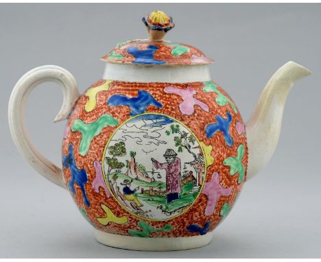 A CREAMWARE GLOBULAR TEAPOT AND COVER, C1790 with flower knop, transfer printed to either side with oriental scenes in round 