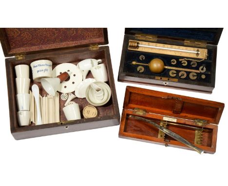 MISCELLANEOUS PHARMACEUTICAL CERAMICS&nbsp;INCLUDING AN OINTMENT JAR IN A VICTORIAN MAHOGANY BOX, 19TH C AND LATER, box 23cm 