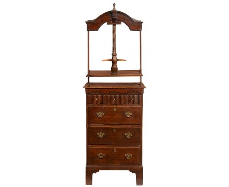 A GEORGE III OAK LINEN CHEST AND PRESS, LATE 18TH C&nbsp;surmounted by break arched frame with moulded cornice and wood helix