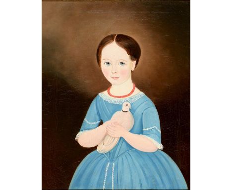 BRITISH NAIVE ARTIST, 19TH CENTURY&nbsp; PORTRAIT OF A GIRL&nbsp;three quarter length in a blue dress clasping a dove, oil on