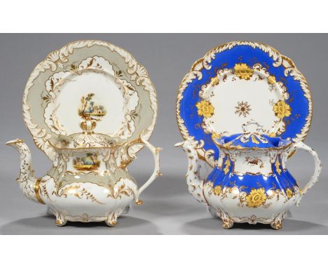 TWO ROCKINGHAM TEAPOTS, COVERS AND STANDS, C1830-42&nbsp; of three spur handle or basketweave moulded shape, one painted with