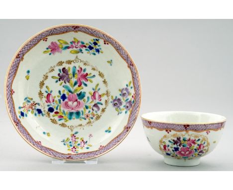 A WORCESTER POLYCHROME TEA BOWL AND SAUCER, C1775-80&nbsp; enamelled with a floral pattern in compagnie des Indes style, sauc