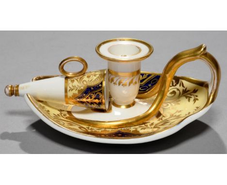A SPODE YELLOW GROUND CHAMBERSTICK AND EXTINGUISHER, C1827-30&nbsp;&nbsp;with cobalt reserves and richly gilt, 7.5cm h, red p